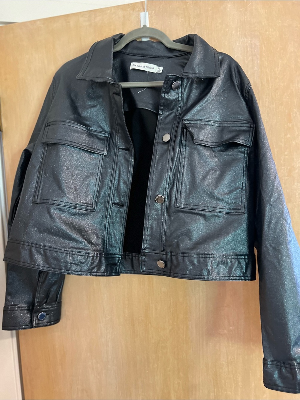 Rebecca Minkoff Black Faux Leather Boxy Jacket with Front Flap Pockets